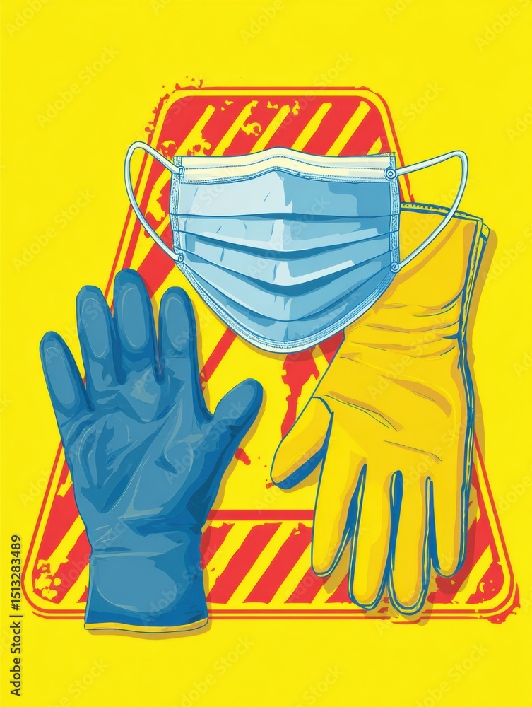 Poster safety kit with gloves and mask displayed beside a warning banner in a bright and attention-grabbing
