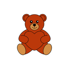 Brown Teddy Bear with Red Heart Pillow Flat vector illustration isolated on white background
