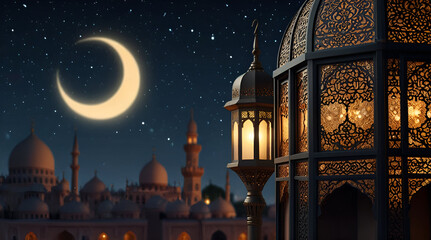 An lantern in the front with mosque and moon background Eid-ul-azha design ai_generated,generative.ai
