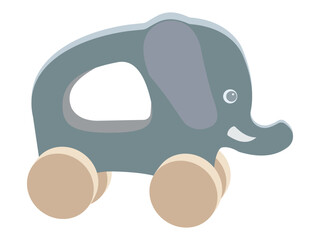 Cute wooden elephant toy on wheels in gray and beige colors isolated vector