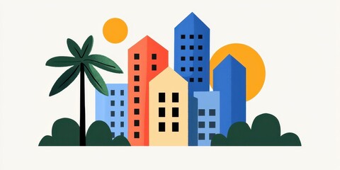 Obraz premium economy consumption innovation concept. Colorful cityscape illustration featuring buildings and palm trees against a bright sun backdrop.