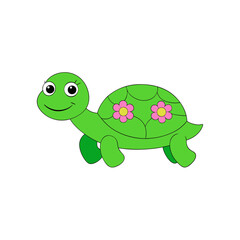 Obraz premium Green Turtle with Flowers on Shell and Sweet Smile Flat vector illustration isolated on white background