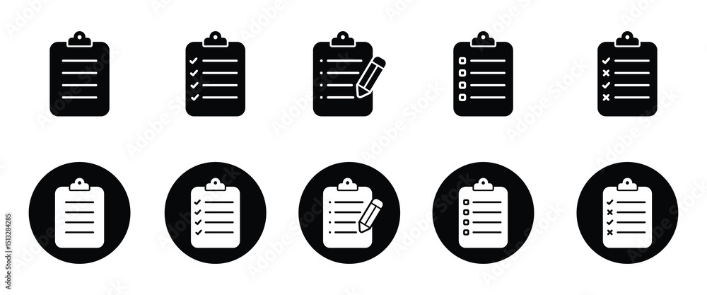 Poster clipboard icon set in black and white color. document symbol set. document check list icon sign vect