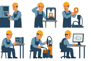 Obraz premium Mechanical engineer actions: CNC programming, 3D printer, milling, oscilloscope, welding, CAD, flat vector art, emotion, professional scenes