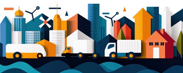 economy consumption innovation concept. Colorful illustration of a cityscape with vehicles and buildings, showcasing urban life and industry.