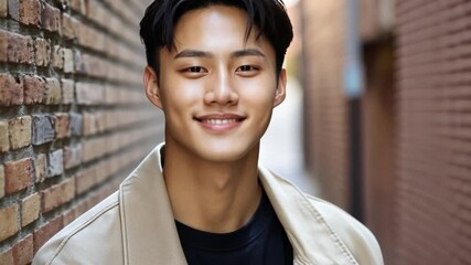 Smiling young man leaning against a brick wall. His expression is friendly and approachable. He's wearing a light beige jacket. - Powered by Adobe