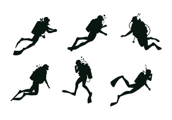 Black silhouette of scuba diving and free divers on a white background