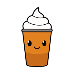 Orange Pumpkin Spice Latte Cup with Whipped Cream Flat vector illustration isolated on white background