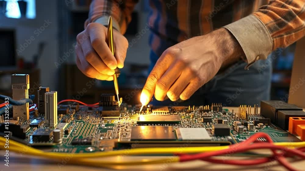Poster an engineer soldering components on a circuit board