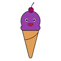 Purple Ice Cream Cone with Cherry on Top and Happy Face Flat vector illustration isolated on white background