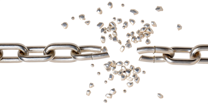 Broken metal chain links isolated on a white background png ai generated