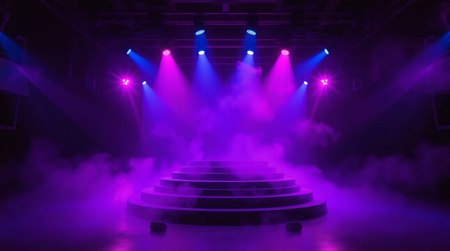 Empty modern stage with blue purple neon spotlight. Stage light background with spotlight illuminated. Modern dance production stage. AI generated image. Perfect for music shows parties