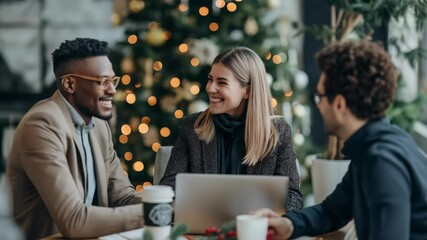 Festive Office Gathering: Three professionals smiling and conversing around a table with a laptop, coffee, and holiday decorations creating a joyful, collaborative atmosphere. - Powered by Adobe