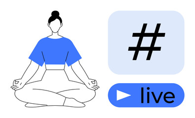 Calm woman practicing meditation in lotus pose paired with social media metadata tag and live button. Ideal for mindfulness, wellness, social media, online events, yoga, streaming, simple landing