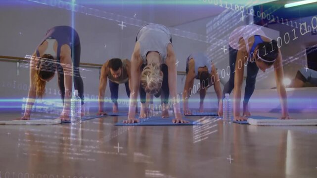 Yoga participants kneeling planting toes into plank flowing into downward dog under binary code