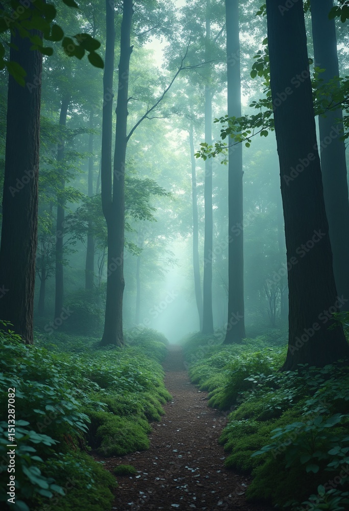 Aufkleber enchanted forest pathway with mysterious fog and luminous light ideal for fantasy adventure