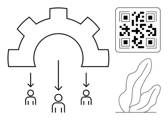 Gear directing process flow to three figures, QR code for technology emphasis, abstract plant element for design balance. Ideal for automation, teamwork, strategy, technology, efficiency, branding