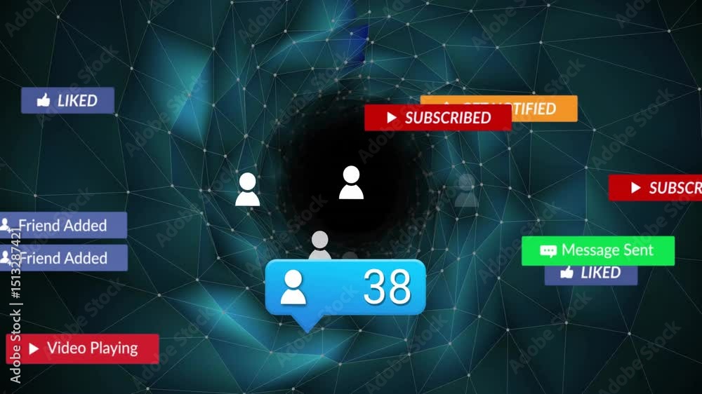 Poster Sub bubble in mesh tunnel starting sliding subscribe pop-ups and drifting icons raising user count