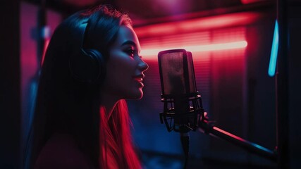 Young Asian woman with long dark hair sings into a microphone in a recording studio. Neon lights create a vibrant atmosphere. - Powered by Adobe