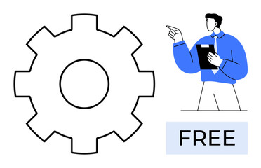 Gear shape emphasizes process, male figure holding clipboard implies planning, and bold FREE conveys accessibility. Ideal for business strategy, free services, operation, process management