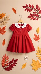 Red Pleated Girl’s Dress on Hanger with Autumn Leaves Paper Art Style