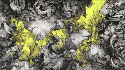 visual guide for inner symbolism | metaphysical battle | esoteric tension | charcoal black with lime highlight | dream erosion | mechanical flora | abstract erosion layers | frottage | subconscious