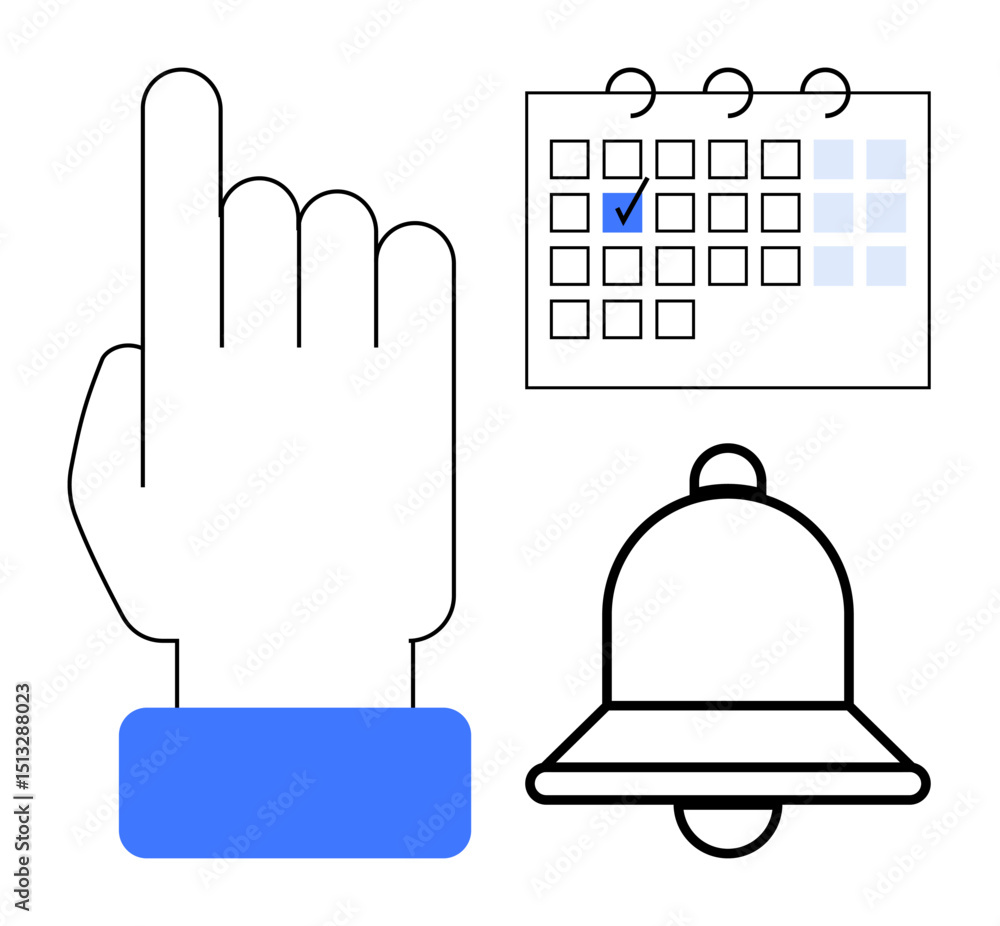Poster hand pointing with blue cuff next to a calendar with a check mark and a bell. ideal for scheduling, 