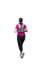 jeune femme vue de dos, environ 35 ans en course à pied, tenue de sport rose et noire, sac d’hydratation sur le dos, baskets de running, en extérieur