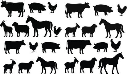 Solid Black Silhouettes of Farm Animals  Vector EPS Rural Livestock Collection