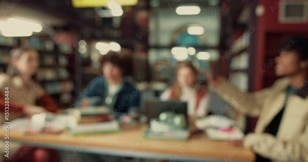 Poster Students, blur and friends with study in library for exam preparation, assignment or knowledge. University, education group and people with books at college for test assessment, support and research