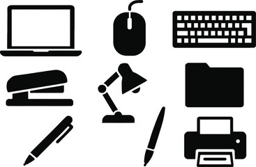 Solid Black Silhouettes of Office and Work Tools Vector EPS Business Productivity Icon Set

