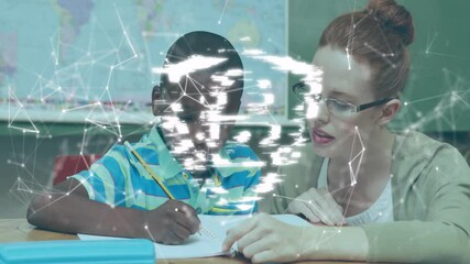 Teacher guiding student writing at desk as nodes forming shield with padlock showing security - Powered by Adobe