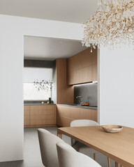 The modern minimalist dining room has elegant lighting and a chic atmosphere for any occasion