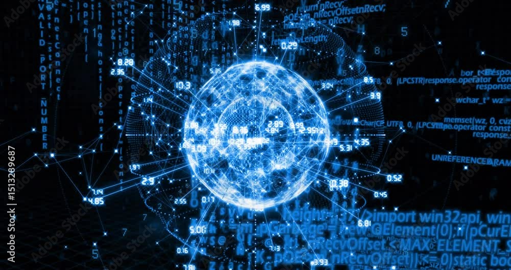 Poster digital sphere forming triggers blue network emitting flickering lines rotating visualizing data