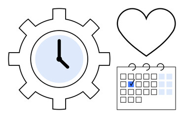 Clock inside gear for productivity, calendar with checkmark for scheduling, heart for passion. Ideal for planning, efficiency, work-life balance, time management, prioritization, self-care