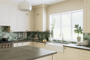 An elegant modern kitchen with a stylish mint-colored tile that captivates