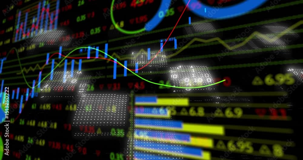 Poster opening trading dashboard starting animating data charts and overlays showcasing market data