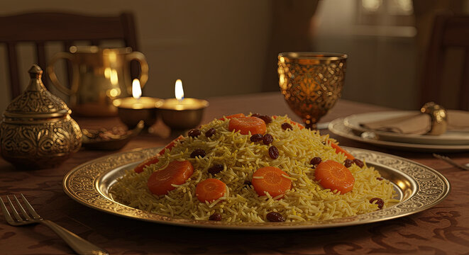 Afghan kabuli pulao with raisins and carrots on an ornate metal plate