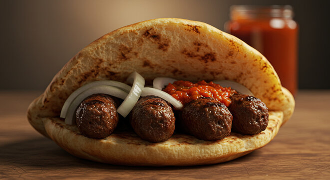 Bosnian ćevapi with onion and ajvar in warm pita bread