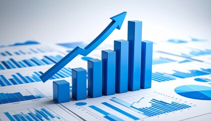 3D bar graphs gradually rising and arranged over various forms of statistical reports and charts spread across a white background
