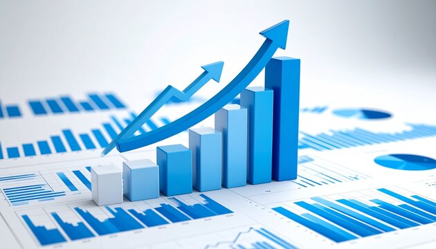 3D bar graphs gradually rising and arranged over various forms of statistical reports and charts spread across a white background
