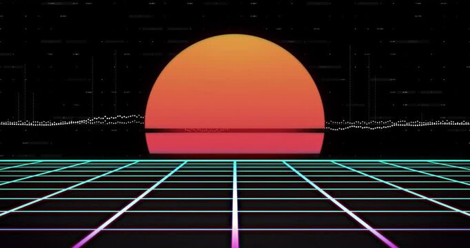 Unseen audio signal starting neon grid glowing, dotted waveform pulsing with gradient sun glitching - Powered by Adobe