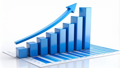 3D bar graphs gradually rising and arranged over various forms of statistical reports and charts spread across a white background