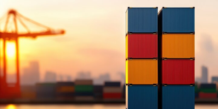 economy consumption strategy concept. Shipping containers stack against a sunset backdrop at a busy port.