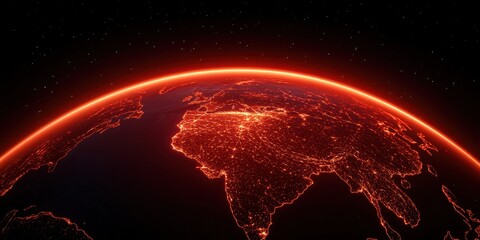 economy consumption strategy concept. Glowing Earth illustration with a vibrant red outline and starry background.