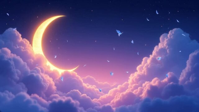 Crescent moon in dreamy purple cloudscape with feathers