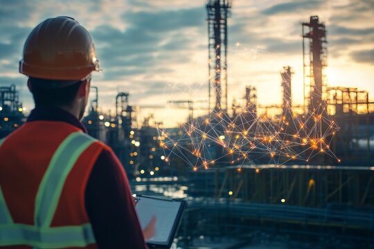 Engineer using digital tablet in smart industrial refinery with connected technology at sunset