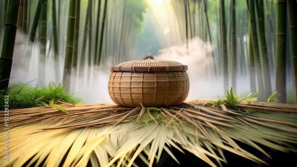 Poster handmade woven basket with a lid rests atop dry leaves surrounded by a dense bamboo forest with soft