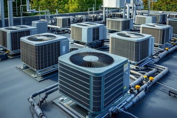 Multiple industrial HVAC units installed on commercial rooftop for climate control and ventilation