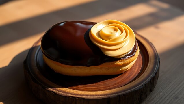 Delicious chocolate eclair pastry with caramel cream rose dessert food photography image for blog and social media
